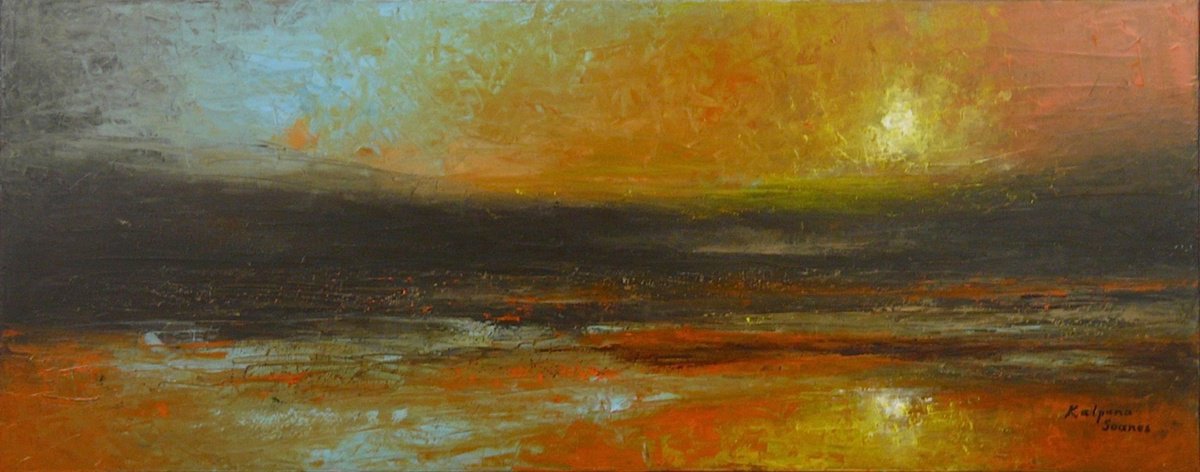 Impressionistic Landscape Oil Painting By Kalpana Soanes, 39 X 16", Lost Shore, Original Artwork