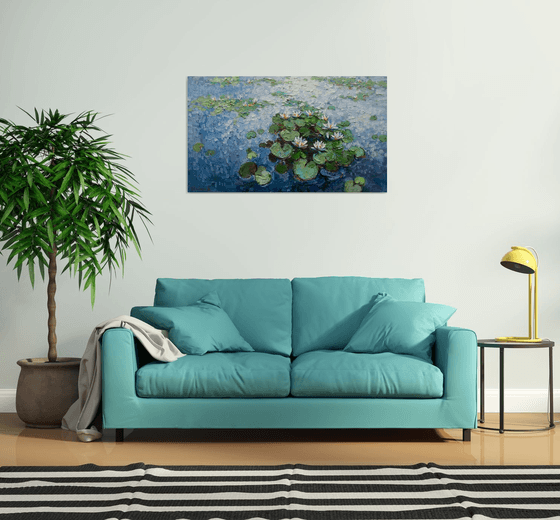 White Water Lilies - Large Original Oil painting 120 x 70 cm