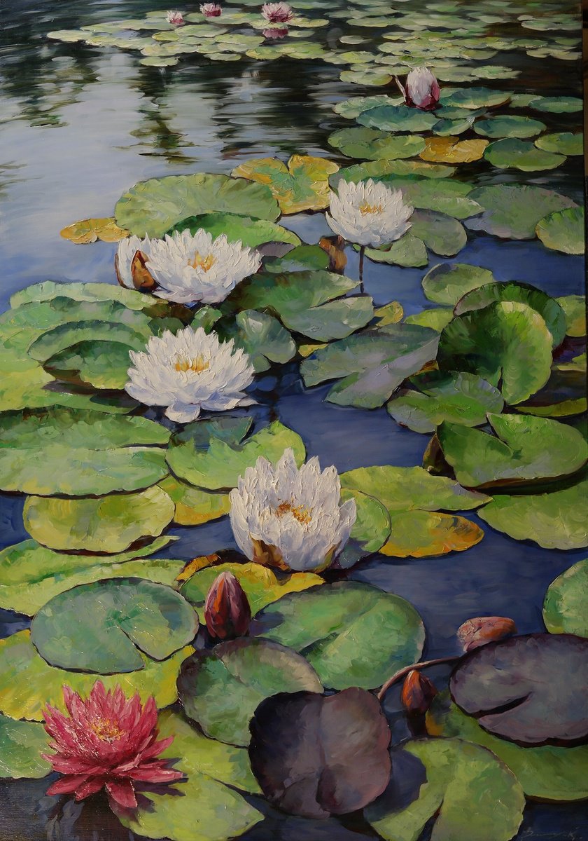 Impressionistic Landscape Oil Painting By Gennady Vylusk, 28 X 39, Symphony Of Water Lilies, Original Artwork