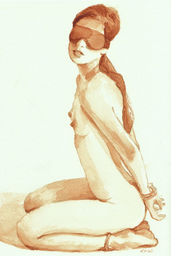 Monochrome nude #6: Handcuffs & Blindfold. Classic watercolour figure painting.
