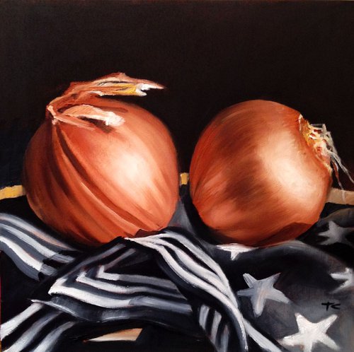 Two onions over a  foulard with stars- Original oil painting on edged wooden panel- ready to hang 20 x 20 cm (8' x 8' ) by Carlo Toma