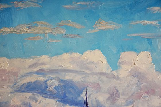 Clouds, Sea and Ships Large Oil Painting on Canvas, Greece Seascape