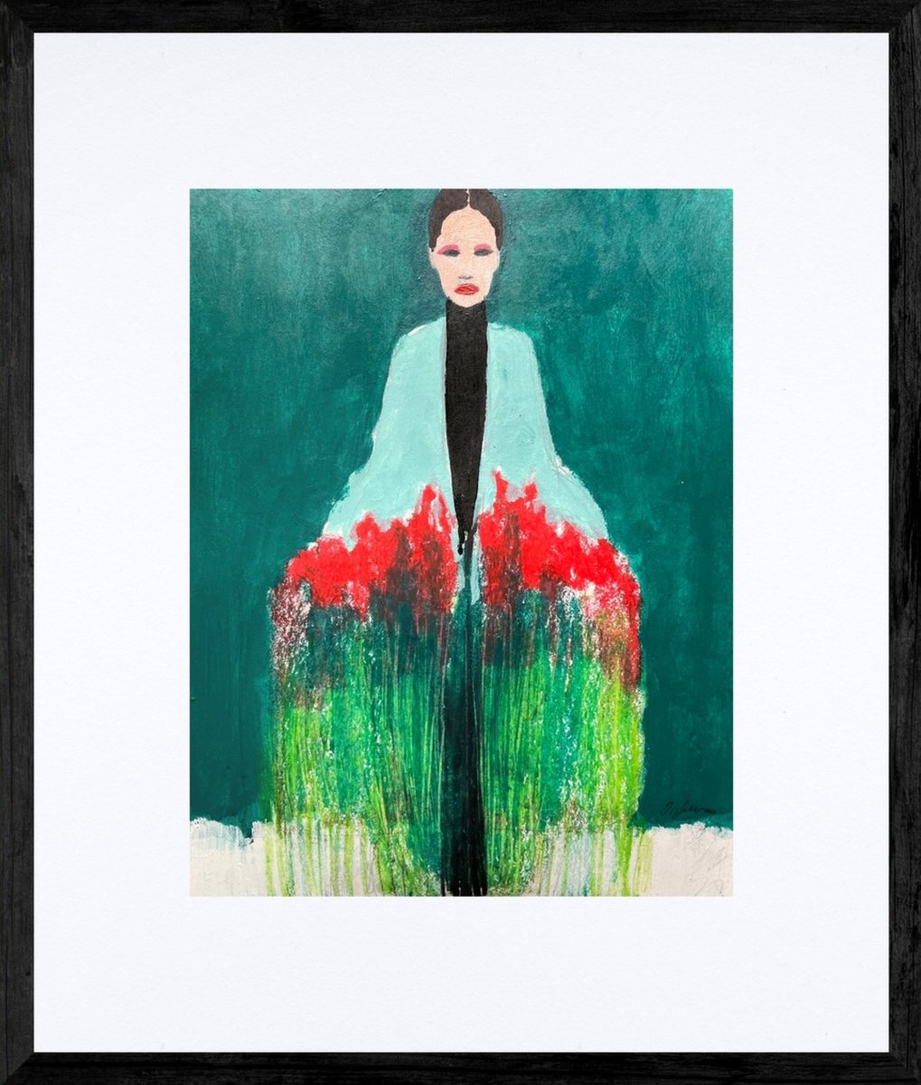 Abstract Portrait Painting By Gela Mikava, 14 X 16, Girl With A Bouquet, Original Artwork