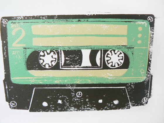 Linocut tapes #15 (cassette tapes, retro music, 70's, 80's rock culture)