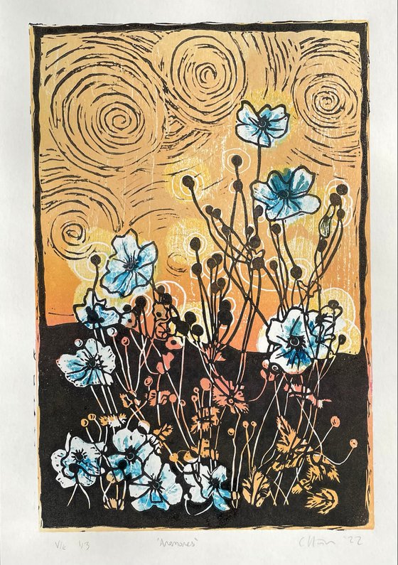 Anemones - Flower Contemporary Linocut Print