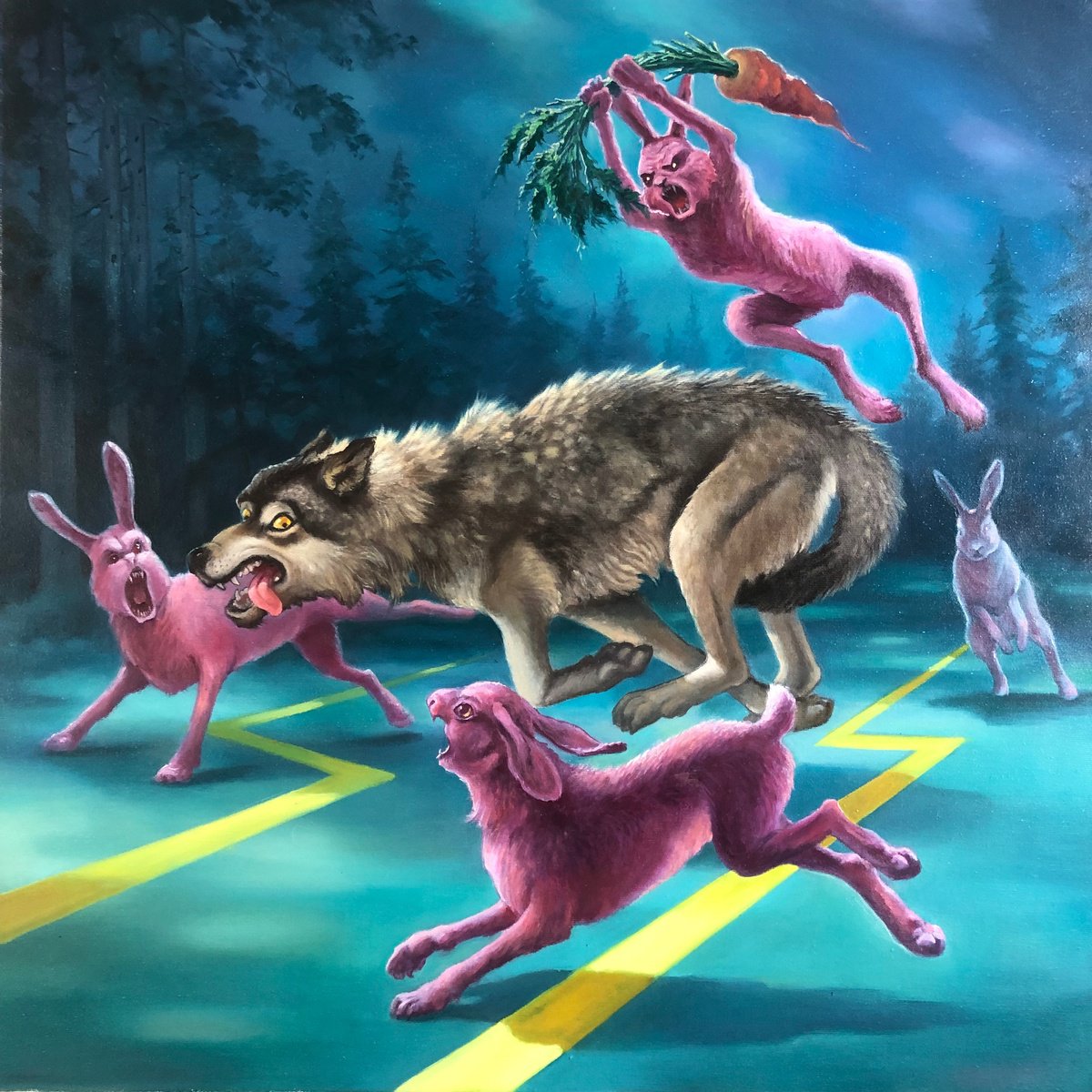 Surrealistic Animal Oil Painting By Alexander Mikhalchyk, 28 X 28, Cute Pink Bunnies., Original Artwork