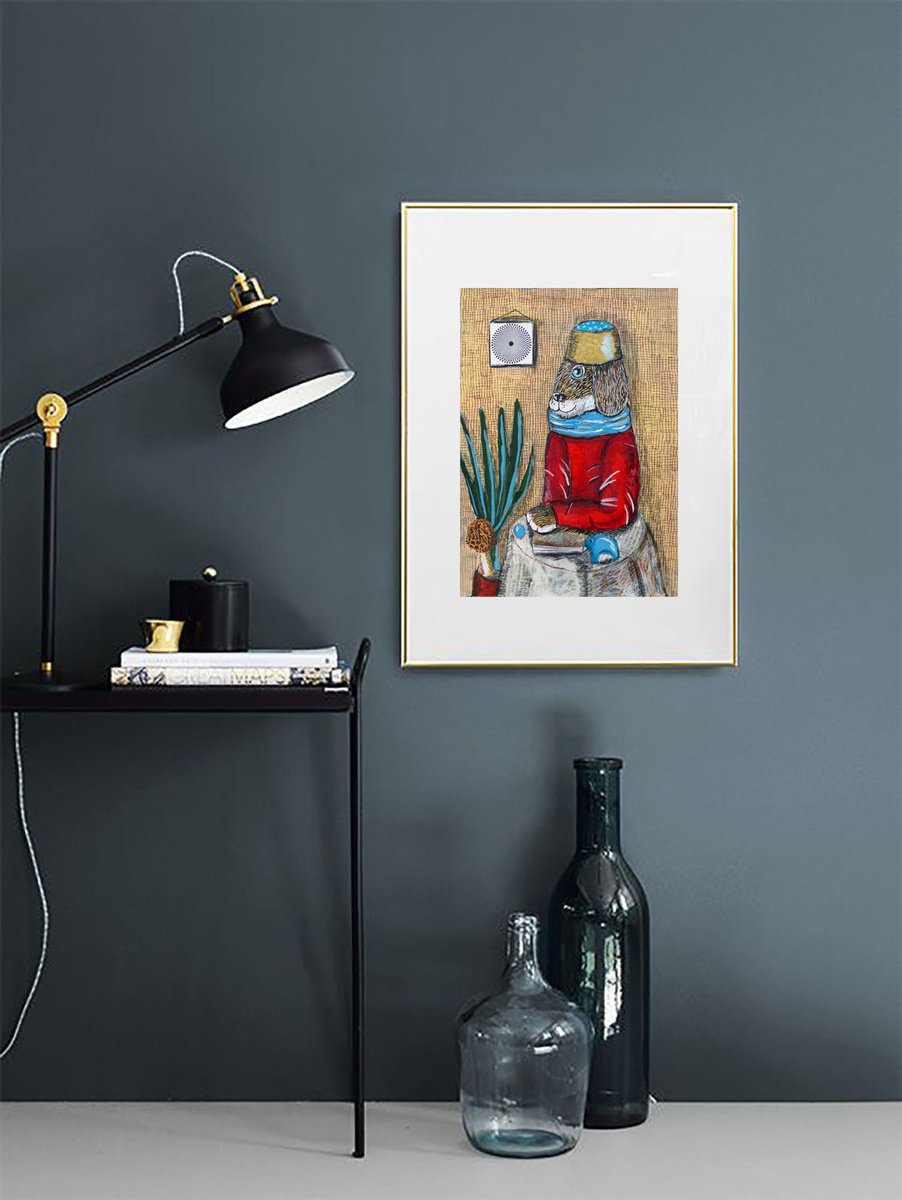 Surrealistic Animal Painting By Elizabeth Vlasova, 12 X 17, Dog Philosopher, Original Artwork