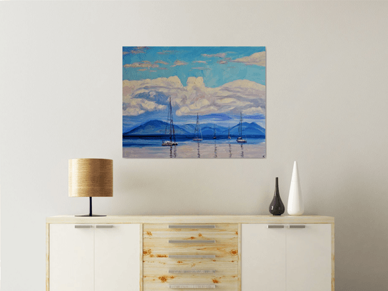 Clouds, Sea and Ships Large Oil Painting on Canvas, Greece Seascape