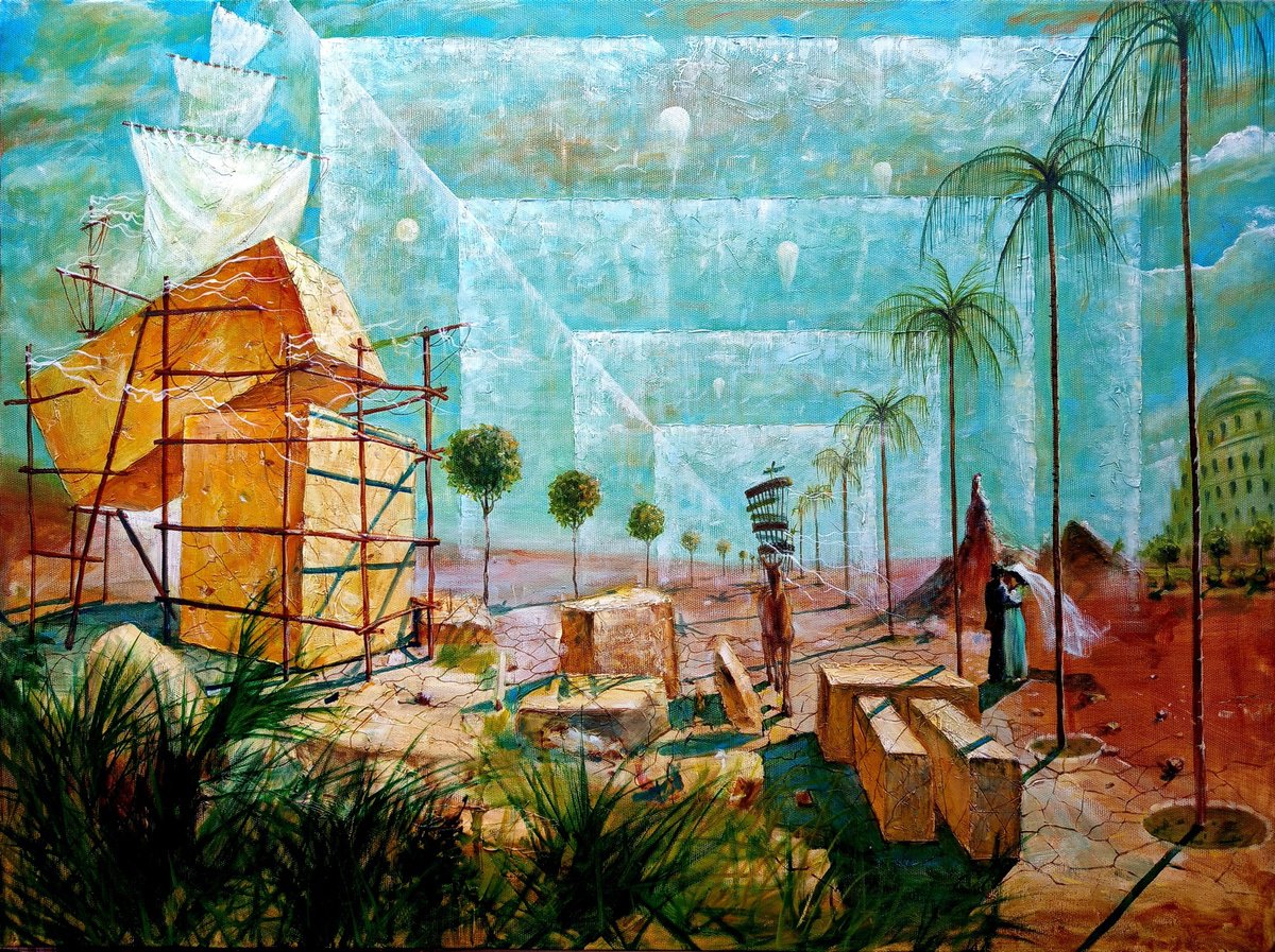 Surrealistic Landscape Oil Painting By Serhiy Roy, 45 X 33", Meeting Under The Palm Trees, Original Artwork
