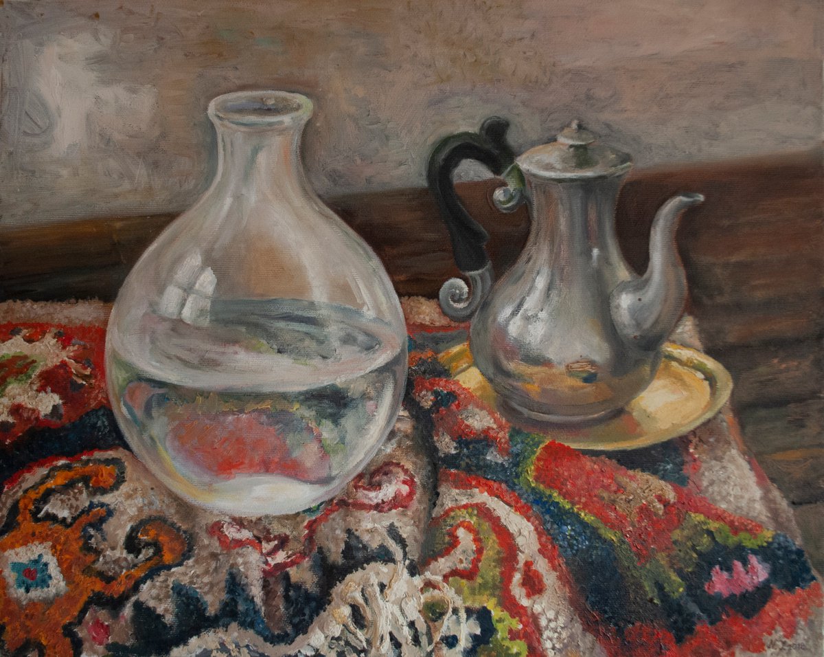 Still Life Oil Painting By Nikola Ivanovic, 20 X 16", Still Life With A Carpet, Original Artwork