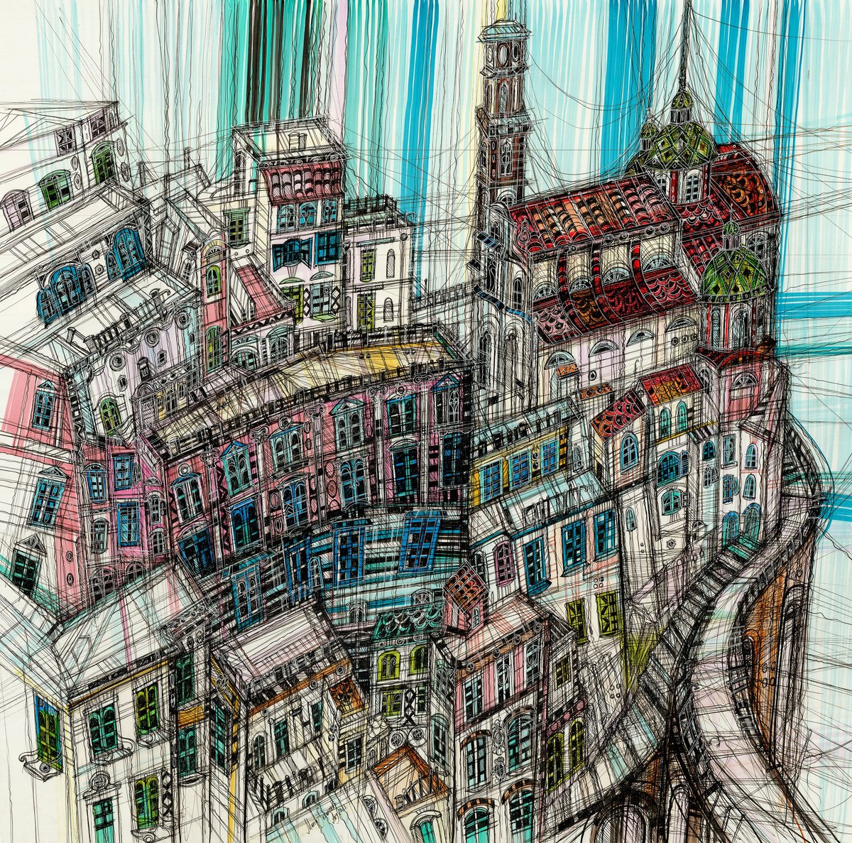 Impressionistic Landscape Drawing By Maria Susarenko, 32 X 32", Atrani. Amalfi Coast, Original Artwork