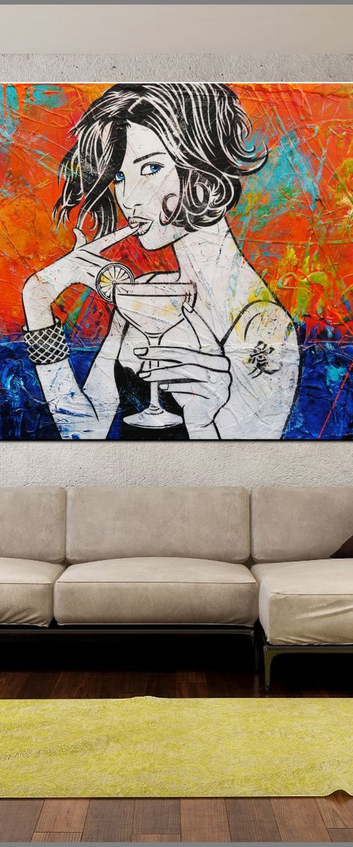 Sun Kissed Cocktails 200cm x 120cm Orange Cocktail Girl Textured Urban Pop Art by Franko