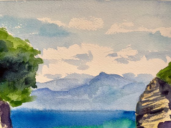 Beach Wall Art, Ocean Painting, Sea Original Watercolor Painting, Greece Landscape Art