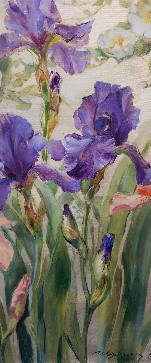Irises and wild rose on silver by Helen Shukina