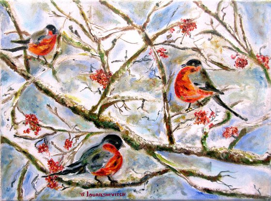 Robins in the winter | Original Oil on Canvas Painting 30x40 cm