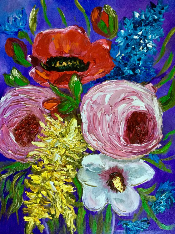 BOUQUET OF SUMMER FLOWERS  #2  palette knife modern Still life Dutch style office home decor gift