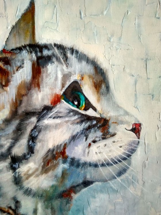 Cat Painting, Portrait of A Cat 40x40 ready to hang.