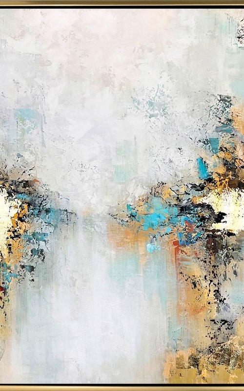 Awake - White Abstract Gold Teal Painting Original, Large Size, Gold Leaf, Sky, Living Room Art, Wall Art Decor Size: 48"x32" (120x80 cm) by Lana Guise