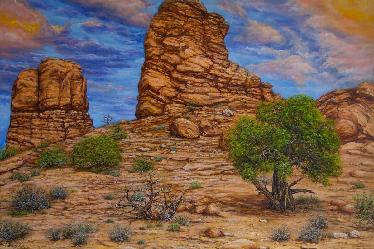 Photorealistic Landscape Oil Painting By Olena Nabilsky, 36 X 24", Warm Evening, Original Artwork