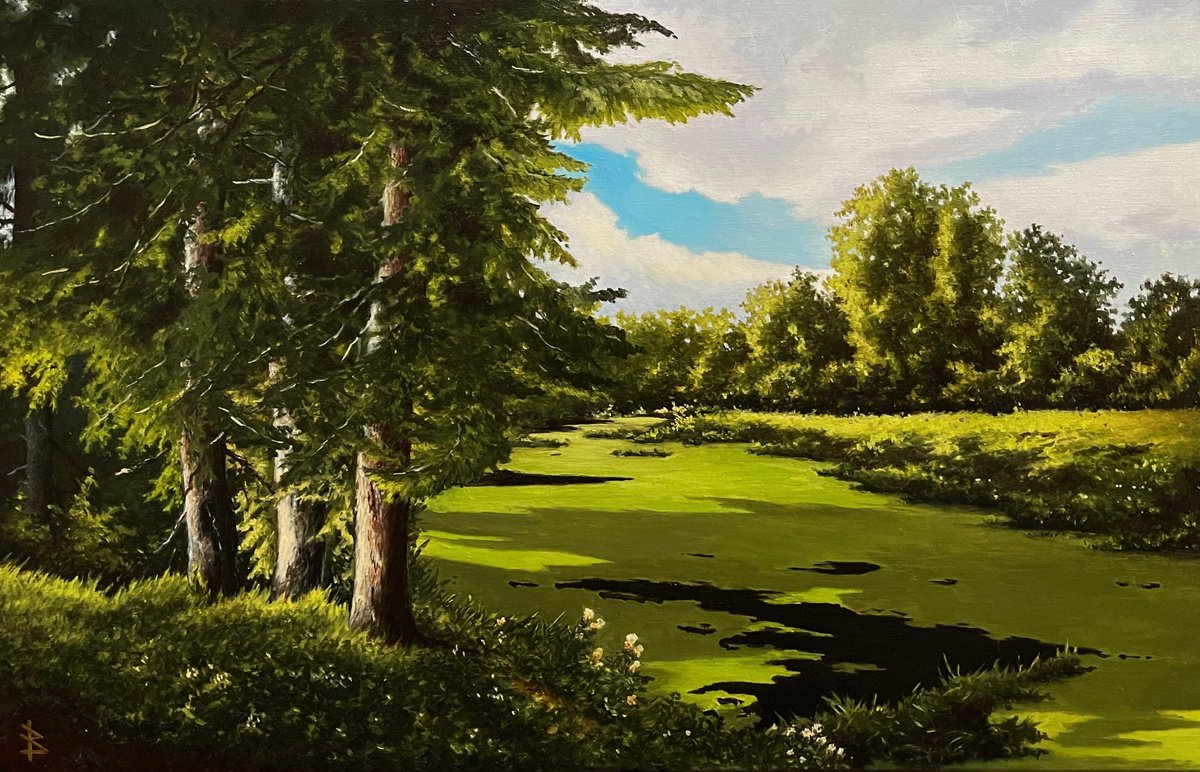 Impressionistic Landscape Oil Painting By Oleg Baulin, 31 X 20", Old Spruces, Original Artwork