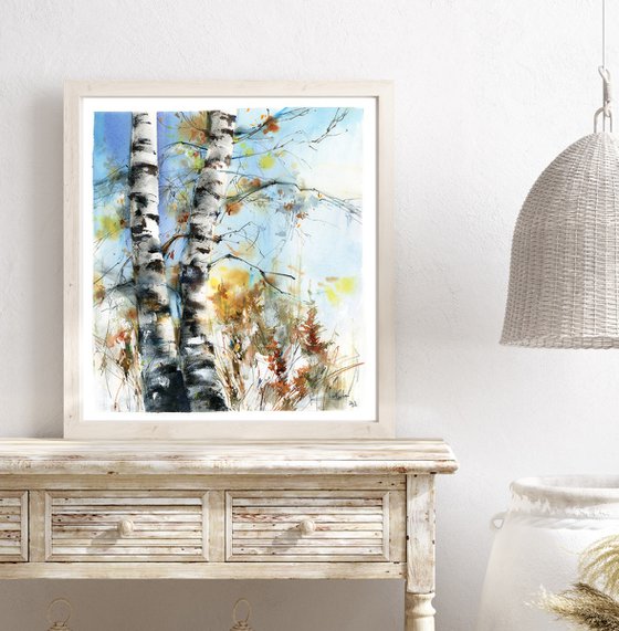 Birch Forest Landscape Nature Watercolor Painting, Trees Painting