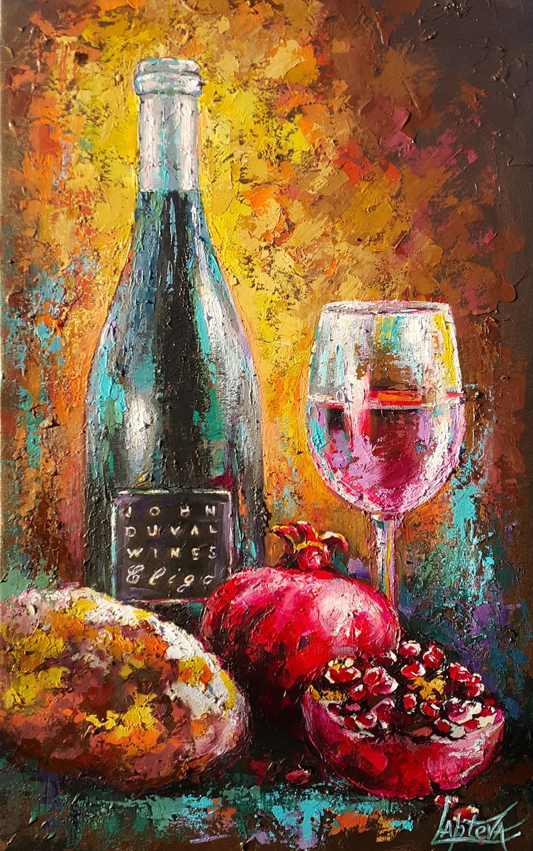 Impressionistic Still Life Acrylic Painting By Viktoria Lapteva, 20 X 31", Astringency Of Red Wine, Original Artwork