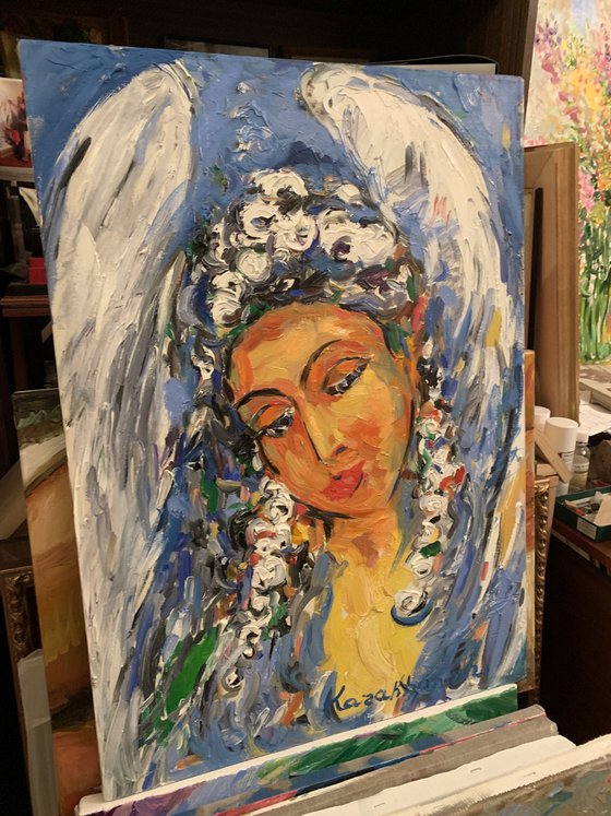 ANGEL - female portrait, face, snow winter theme, original oil painting 70x50