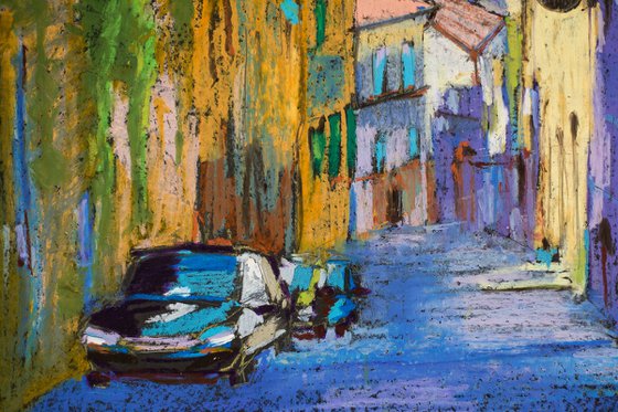 Siena. View of the old town street. Medium oil pastel drawing bright colors Italy