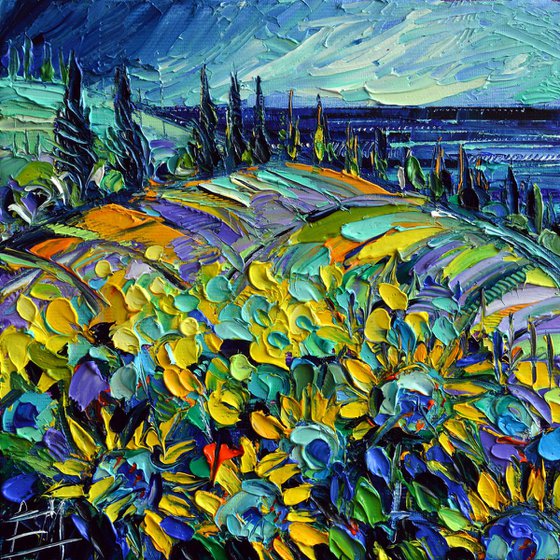 SUNFLOWERS FIELD BY THE SEA Modern Impressionist Impasto Palette Knife Oil Painting