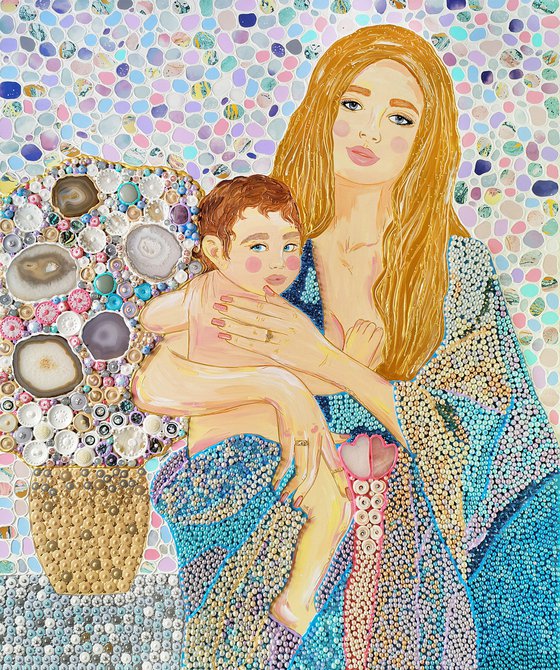 Mother and child. Precious stones, mosaic, gold, silver, diamond.