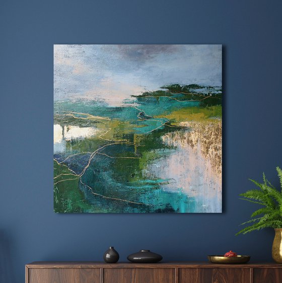 "Riverside" Abstract forest green gold art