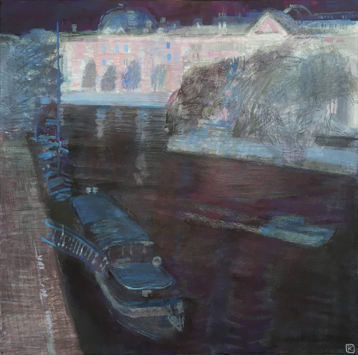 Impressionistic Cityscapes Acrylic Painting By Olga Kataeva-Rochford, 20 X 20", Paris By Night, Original Artwork