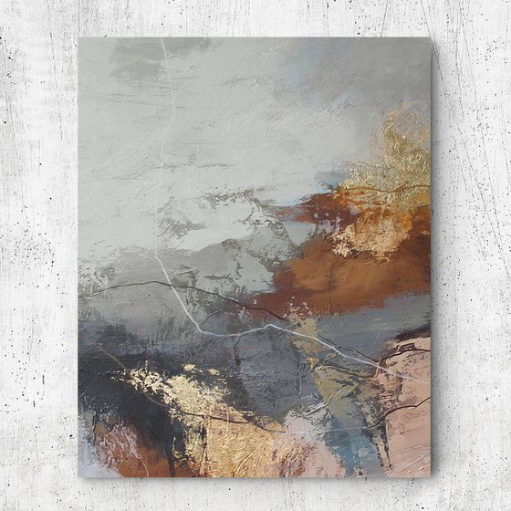 "Orange Flight 3" Abstract gray brown gold