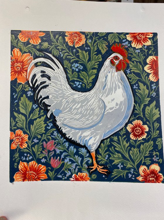 Hen – reduction linocut print