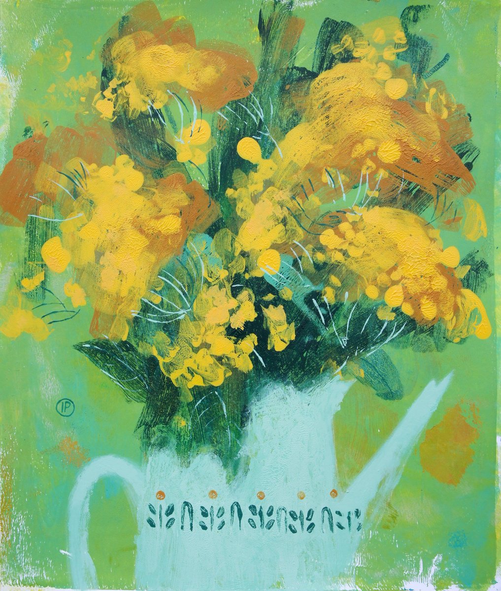 Impressionistic Botanical Acrylic Painting By Irina Plaksina, 12 X 14, Yellow Summer, Original Artwork