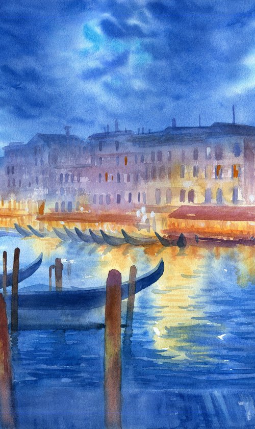 Night Venice Lights Original Watercolor Painting Cityscape River Boats Gondolas Italy by Julia Logunova