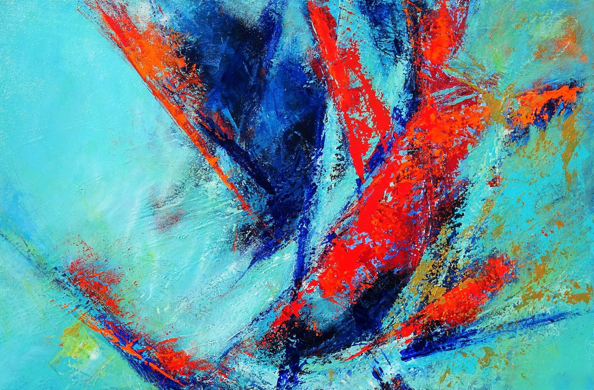 MOMENTS IN TIME II. Teal, Blue, Aqua, Navy, Red Contemporary Abstract Painting with Textur... by Sveta Osborne