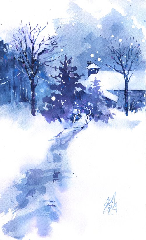 "Let's go listen to the silence" winter landscape in watercolour in blue tones by Ksenia Selianko