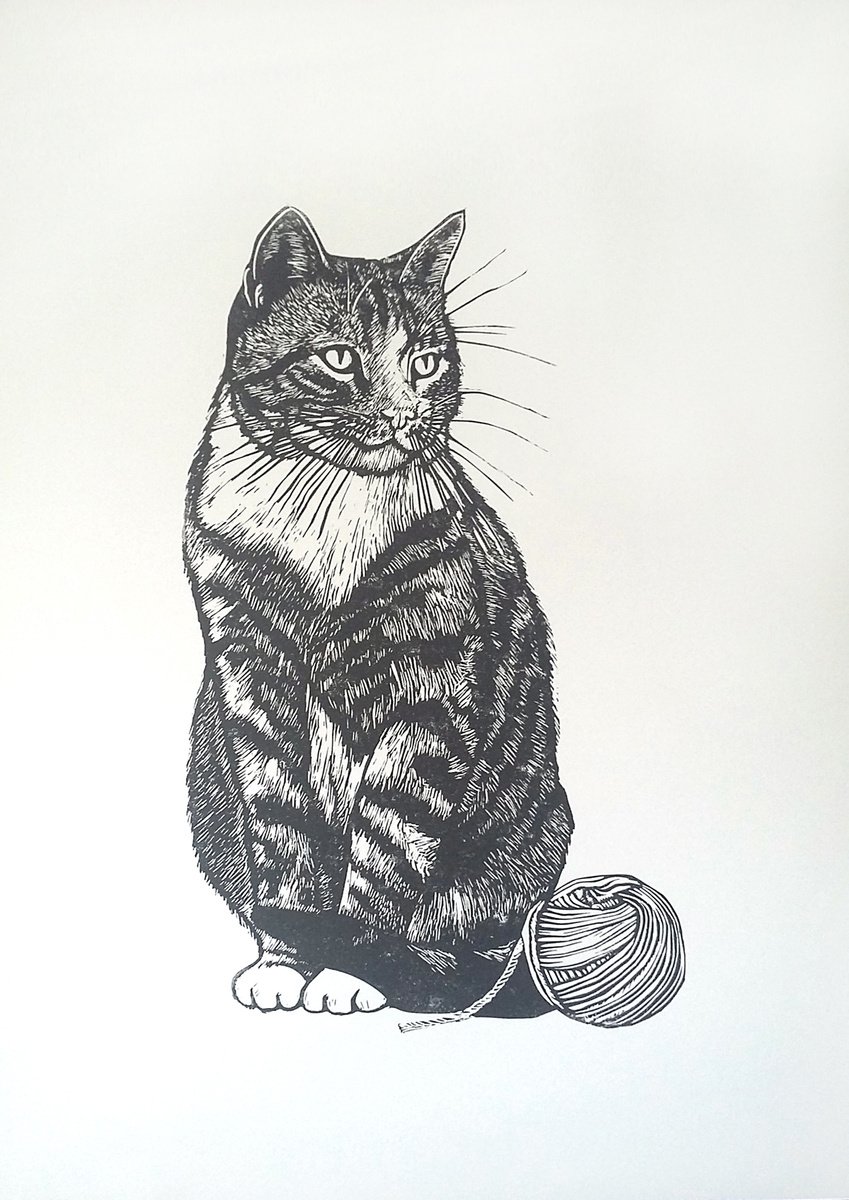 Easy tiger (Tabby cat linoprint) by Carolynne Coulson