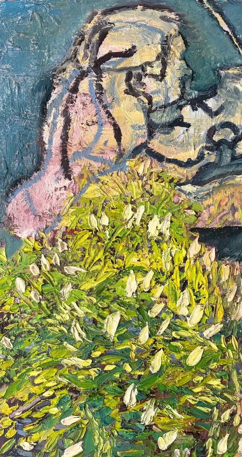 Lady with violin and lilacs by Emma Pilkington