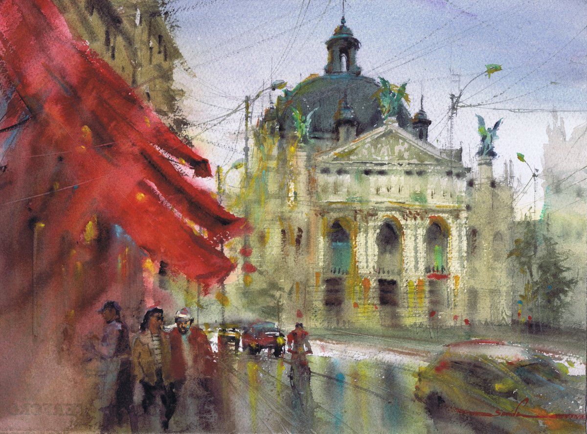 Expressive Cityscapes Watercolour By Samira Yanushkova, 15 X 11", Harmony Of Stone: Operatic Magnetism Of The Old City, Artfinder