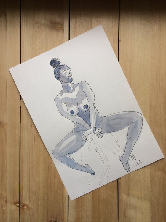 Female nude drawing - Seated nude woman watercolor - Figure study mixed media (2021)