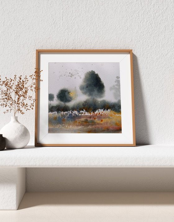 Misty Landscape Painting in watercolours, Switzerland landscape original, watercolour painting impressionist style, small art original gift