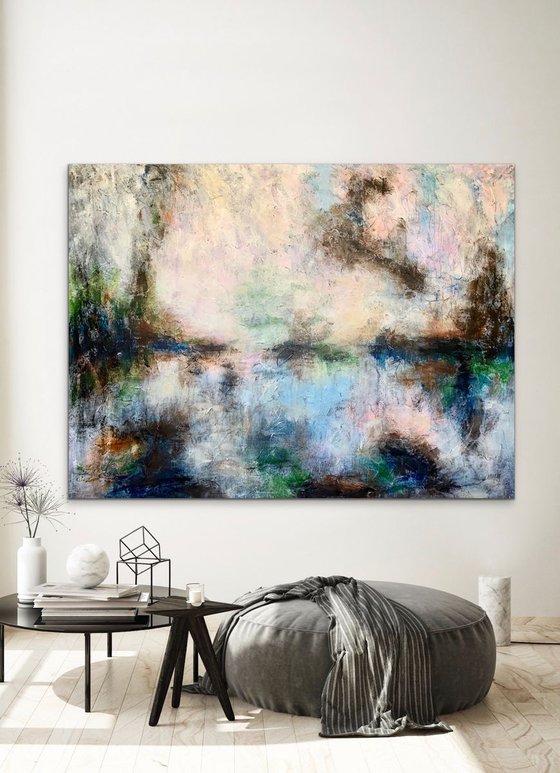 78''x53''(200x135cm), Magnificent Earth 14, blue, pink, cream, green black, texture, land earth colors canvas art  - xxxl art - abstract art painting- extra large art