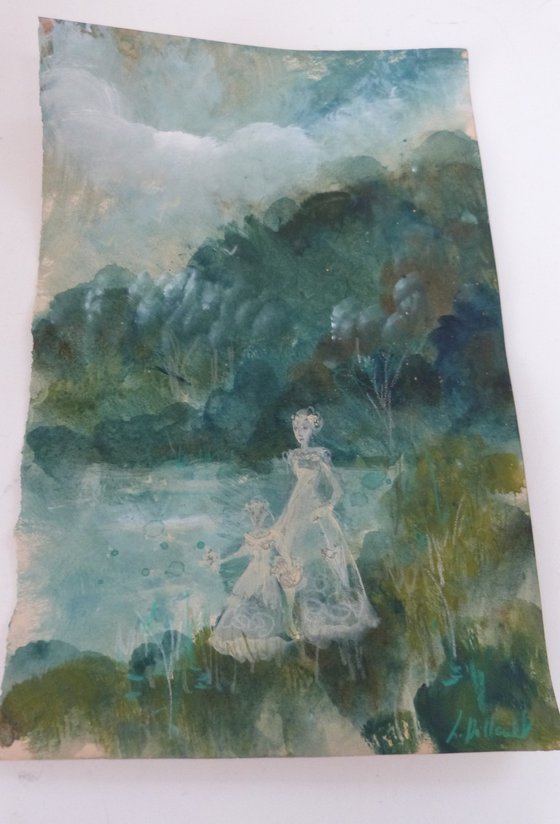 "A Sunday at the lake" on old paper 28x18cm