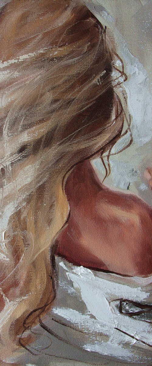 " MORNING COFFEE ... " original painting wind romantic palette knife GIFT by Monika Luniak