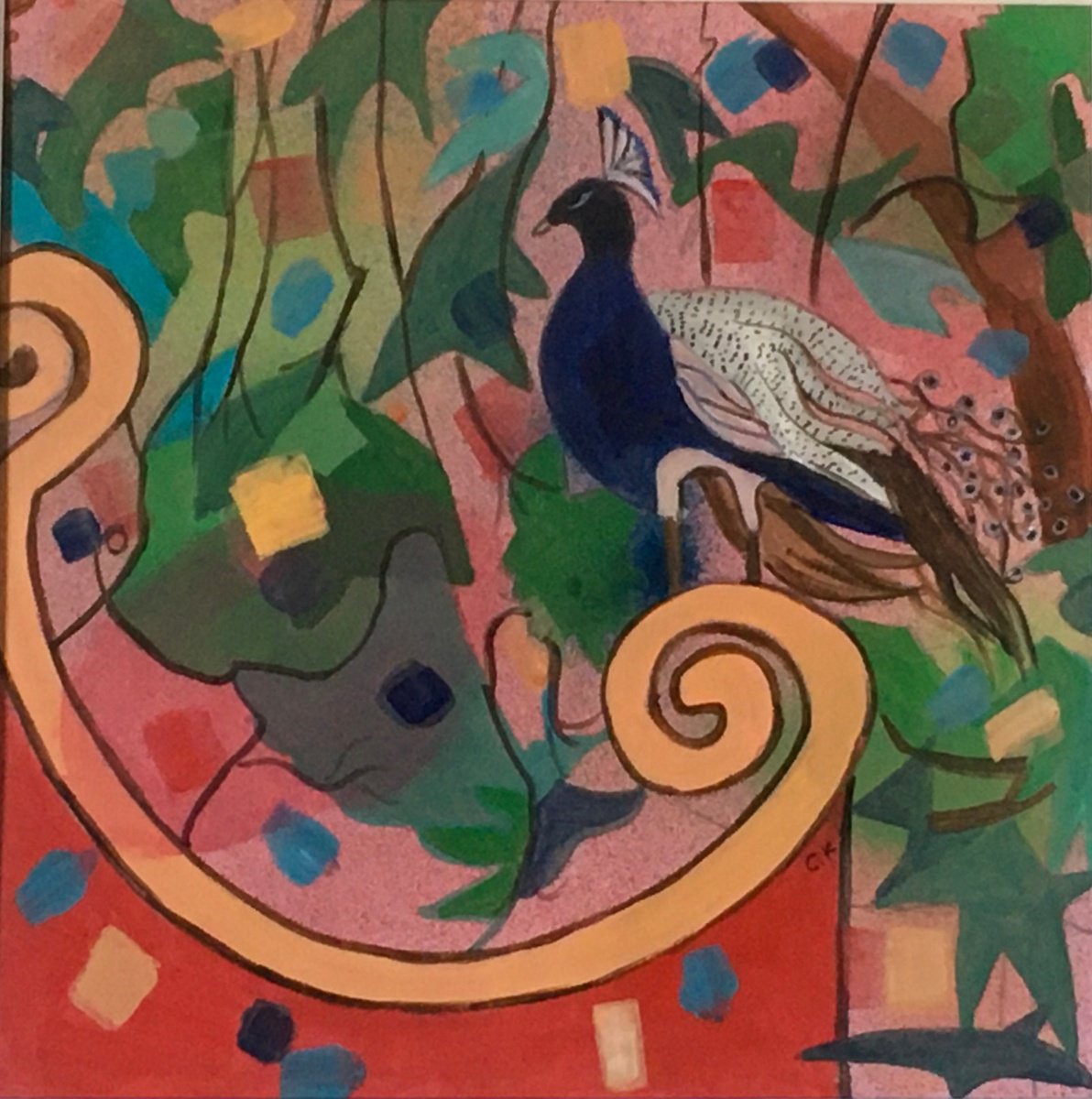 Illustrative Animal Painting By Chihiro Kinjo, 14 X 14, A Peacock Parching On A Gate., Original Artwork