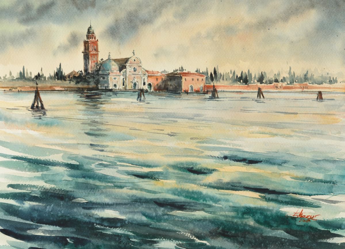 Impressionistic Landscape Watercolour By Eve Mazur, 16 X 12, Venezia., Original Artwork
