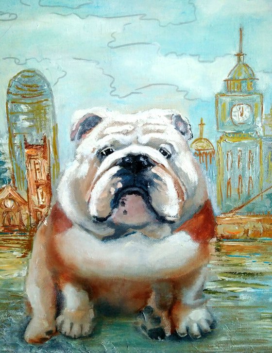 In the historic homeland, English Bulldog Painting Original Art Dog Portrait Artwork Canvas London Skyline Wall Art 45x35, ready to hang.