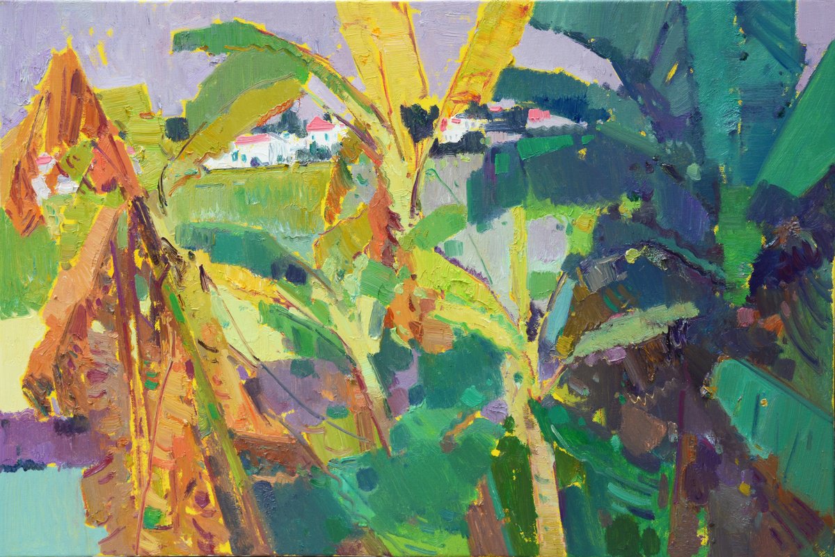 Impressionistic Landscape Oil Painting By Jianzhe Chon, 35 X 24, Chinese Banana 140, Original Artwork